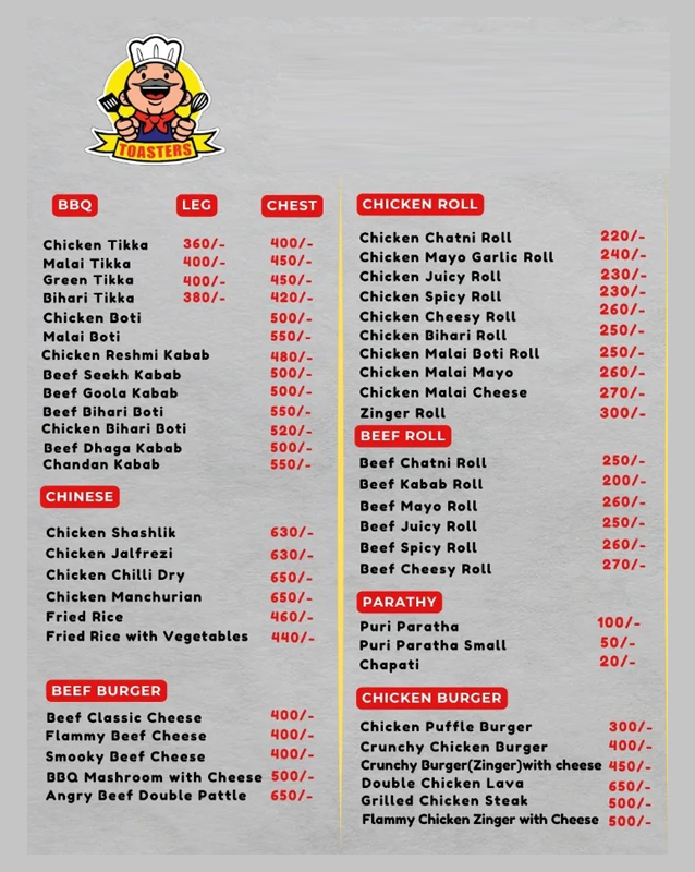 Toasters menu