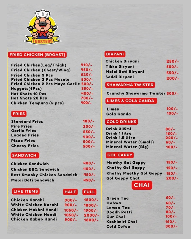 Toasters menu