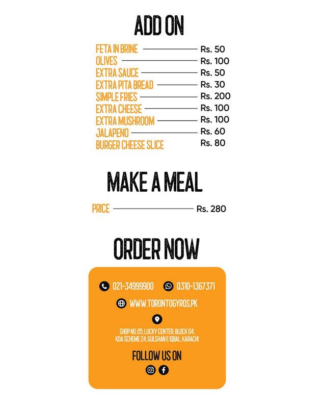 Toronto Gyros menu
