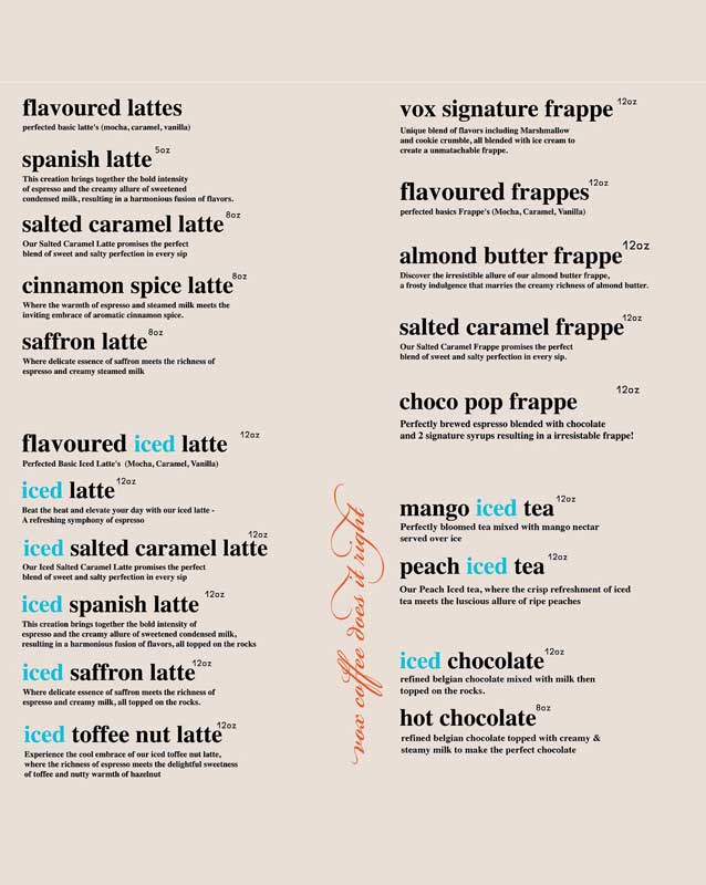 Vox Coffee menu