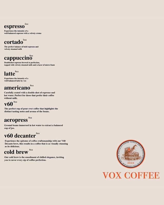 Vox Coffee menu