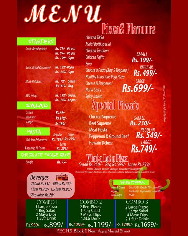 What A Pizza menu