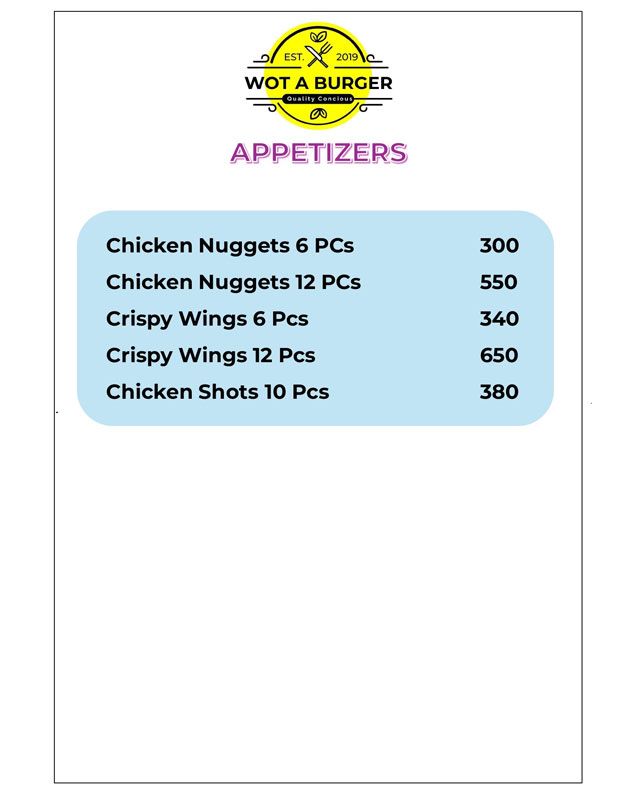 Wot A Burger menu