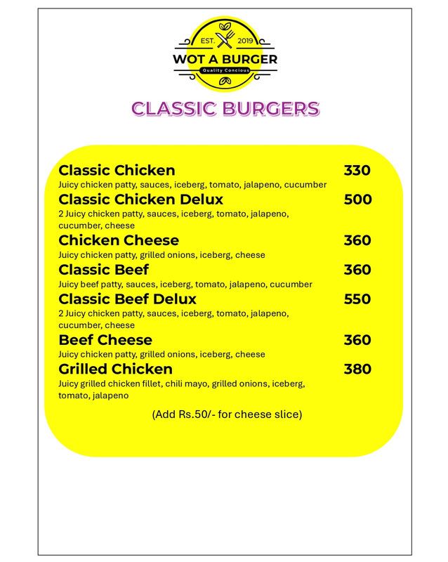 Wot A Burger menu