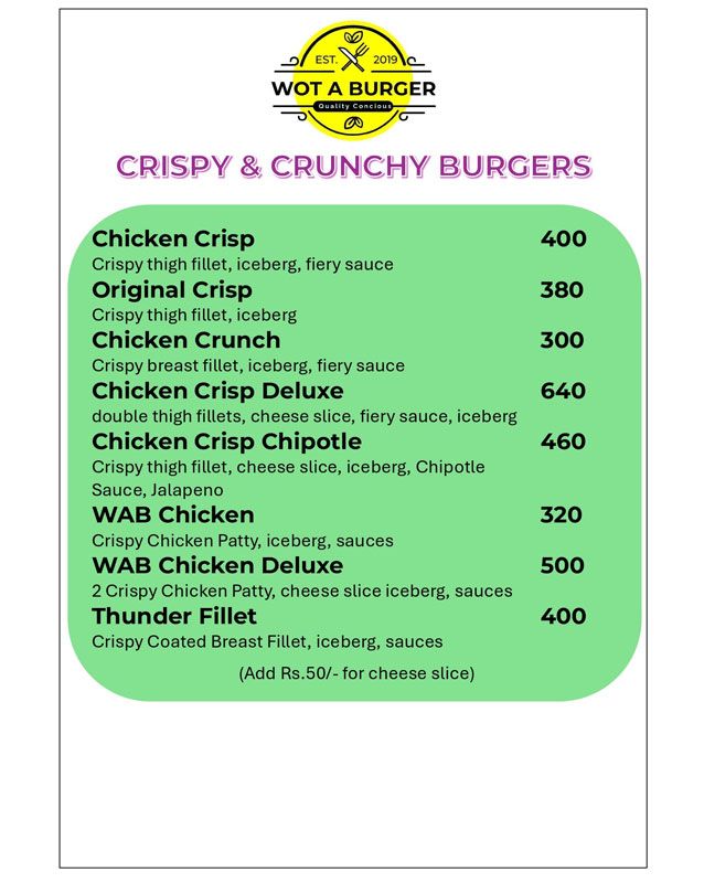 Wot A Burger menu