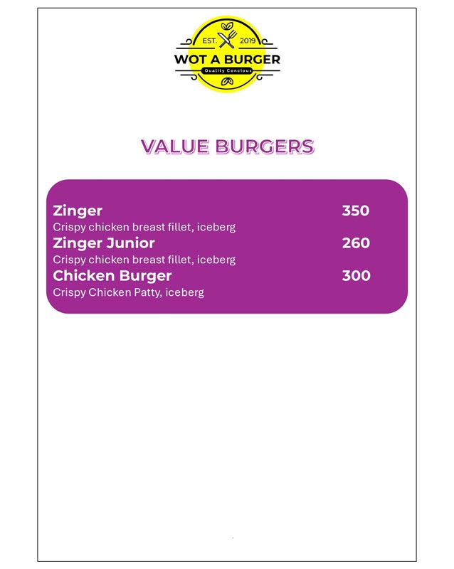 Wot A Burger menu