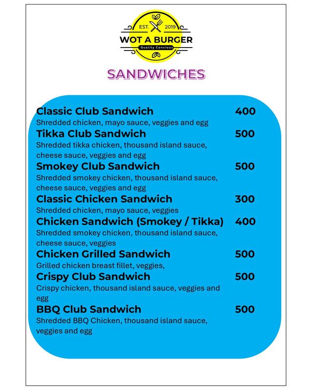 Wot A Burger menu