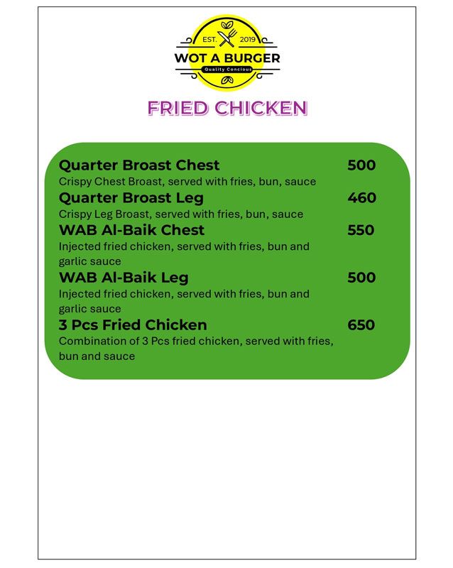 Wot A Burger menu