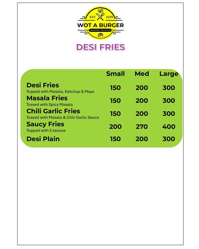 Wot A Burger menu