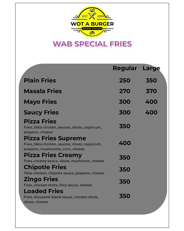 Wot A Burger menu