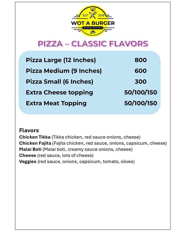 Wot A Burger menu