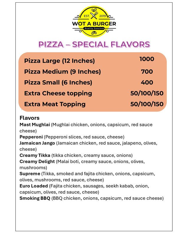 Wot A Burger menu