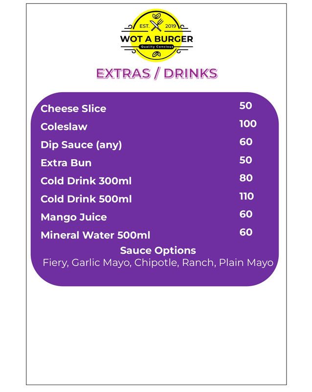 Wot A Burger menu