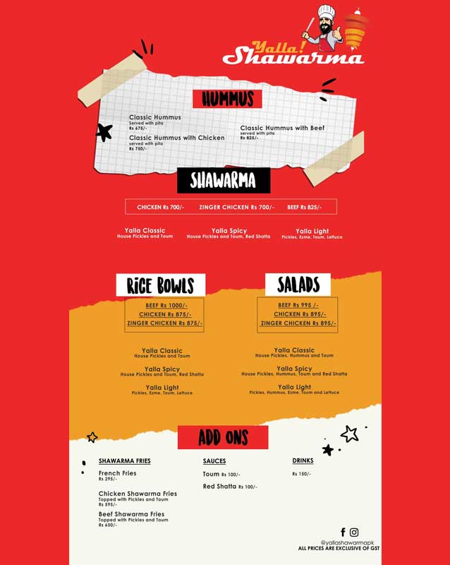 Yalla Shawarma menu