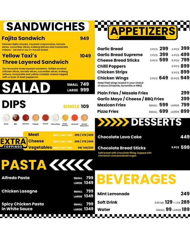 Yellow Taxi Pizza Co. menu