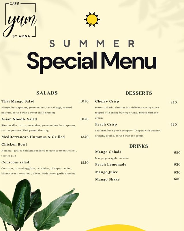 YUM by Amna Cafe menu