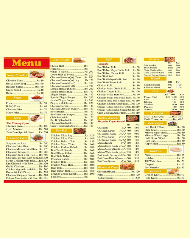 Zam Zam Foods - Hussainbad menu