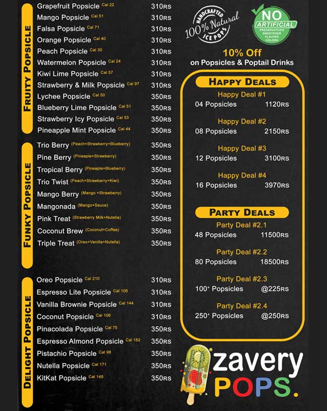 Zavery Pops menu