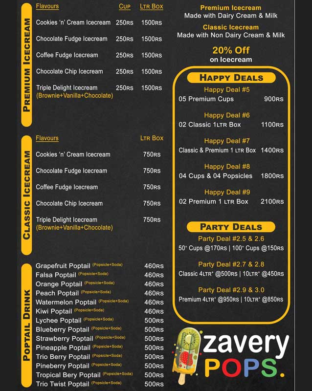 Zavery Pops menu