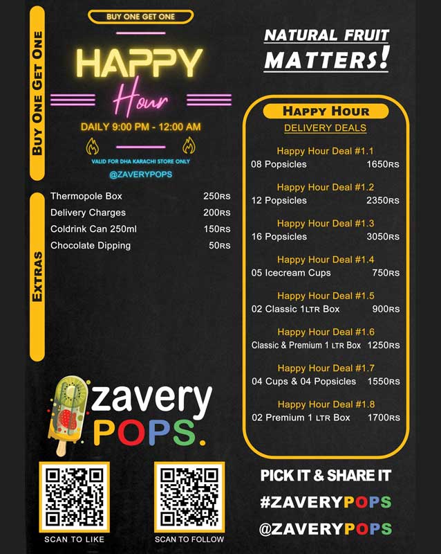 Zavery Pops menu