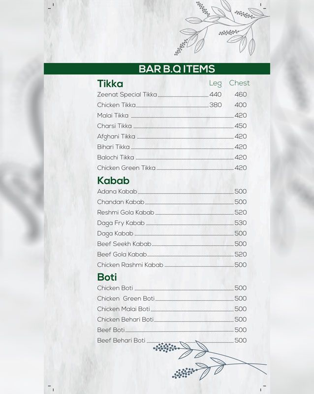 Zeenat Restaurant menu
