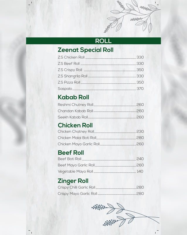 Zeenat Restaurant menu