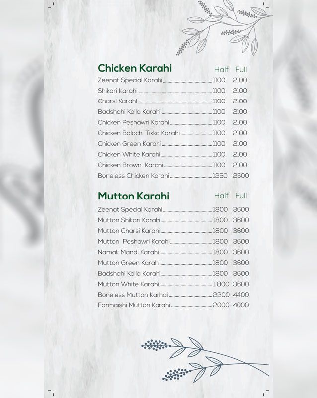 Zeenat Restaurant menu