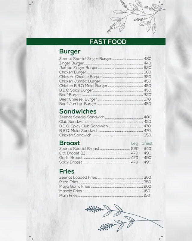Zeenat Restaurant menu