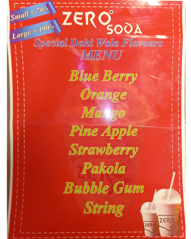 Zero Degree Soda menu