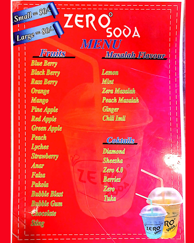 Zero Degree Soda menu