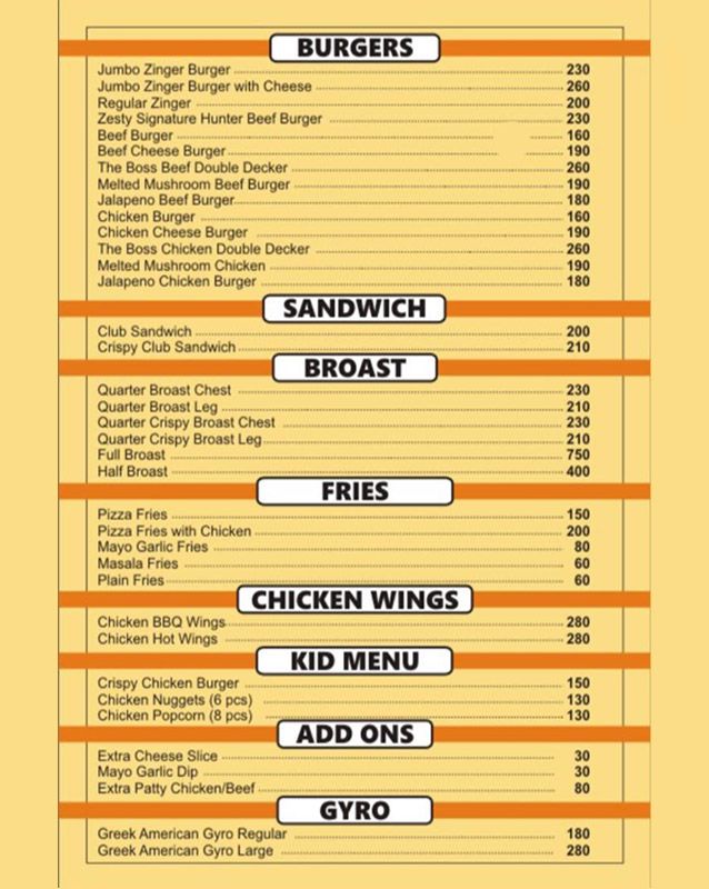 Zesty Fast Food menu