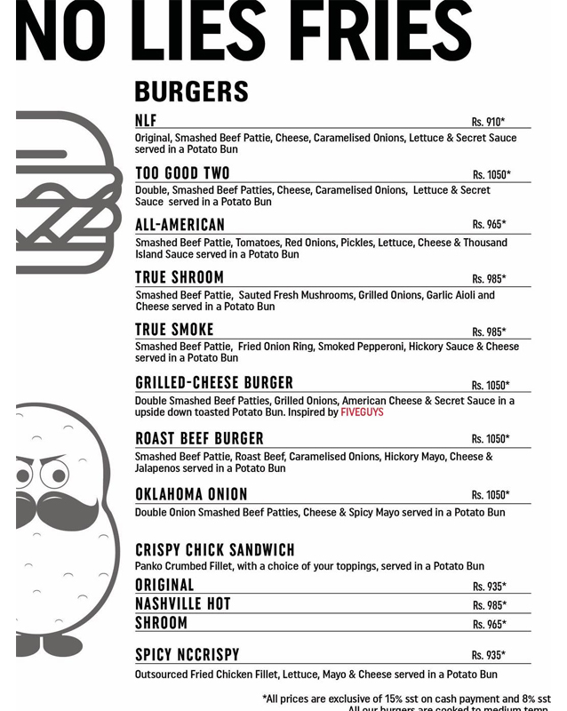 No Lies Fries menu