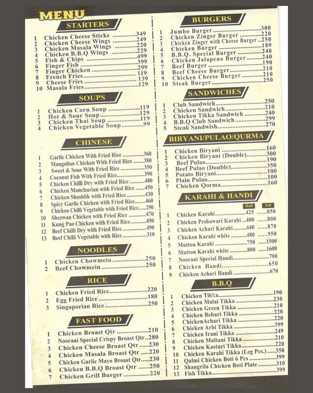Noorani Restaurant menu
