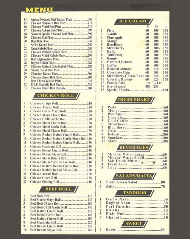 Noorani Restaurant menu