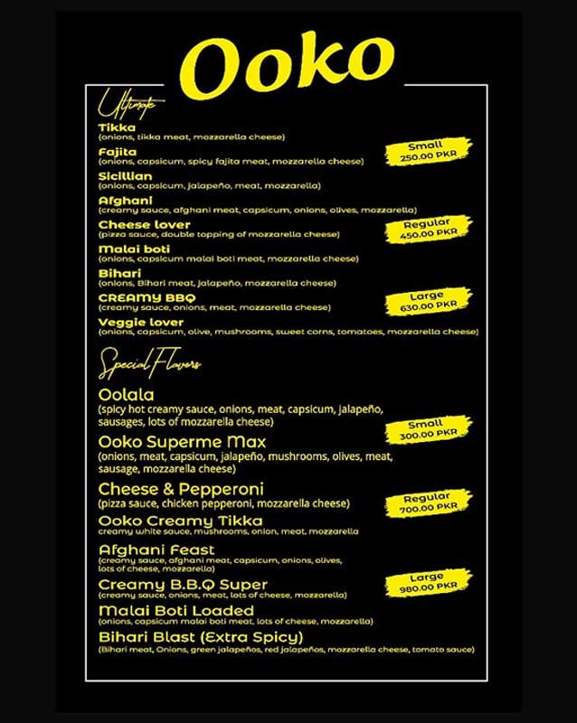 Ooko Pizza menu