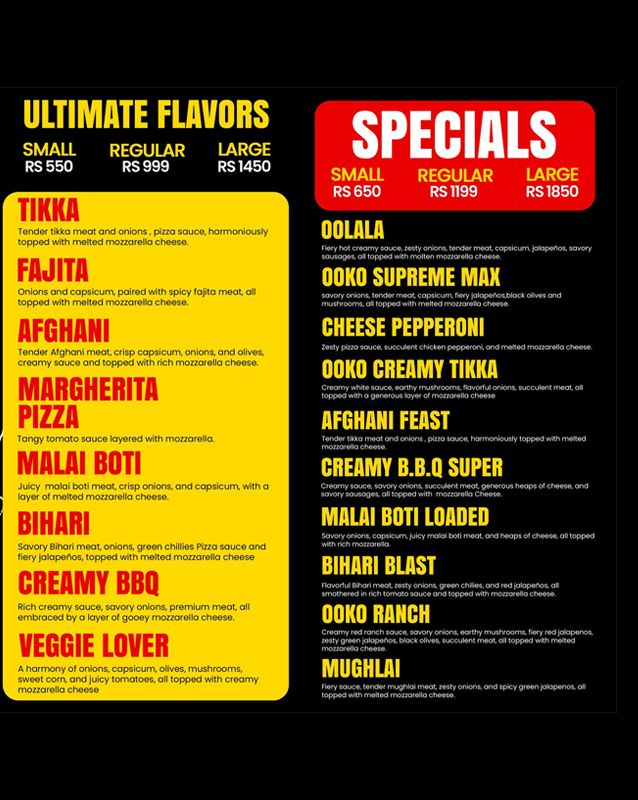 Ooko Pizza menu