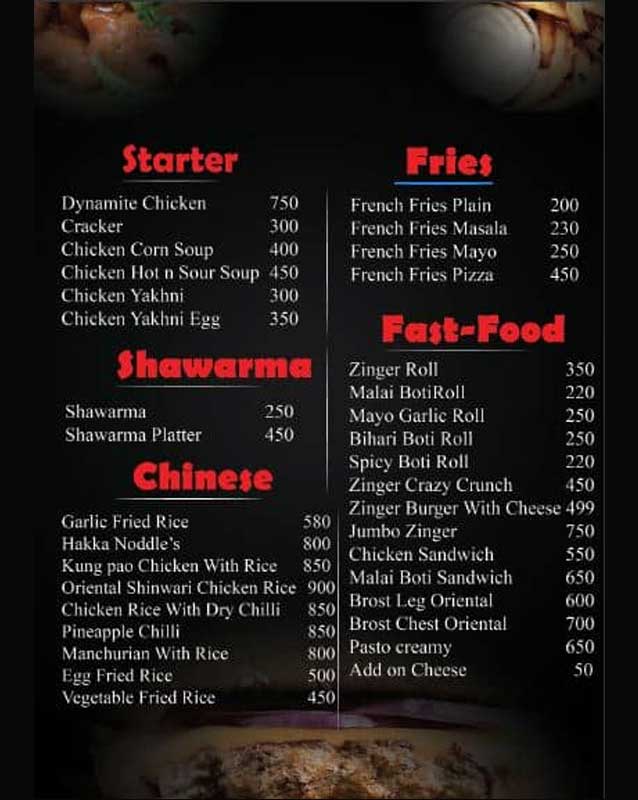 Oriental Shinwari menu
