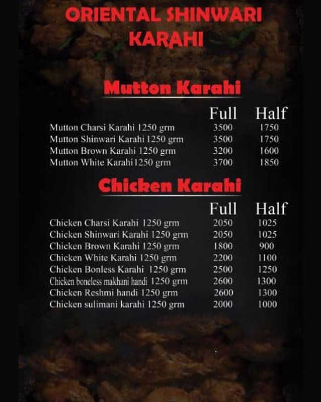 Oriental Shinwari menu