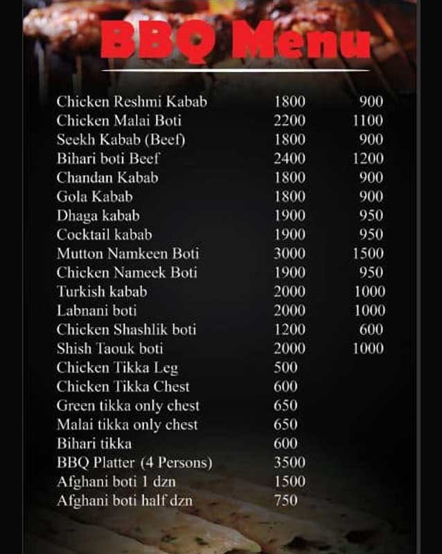 Oriental Shinwari menu