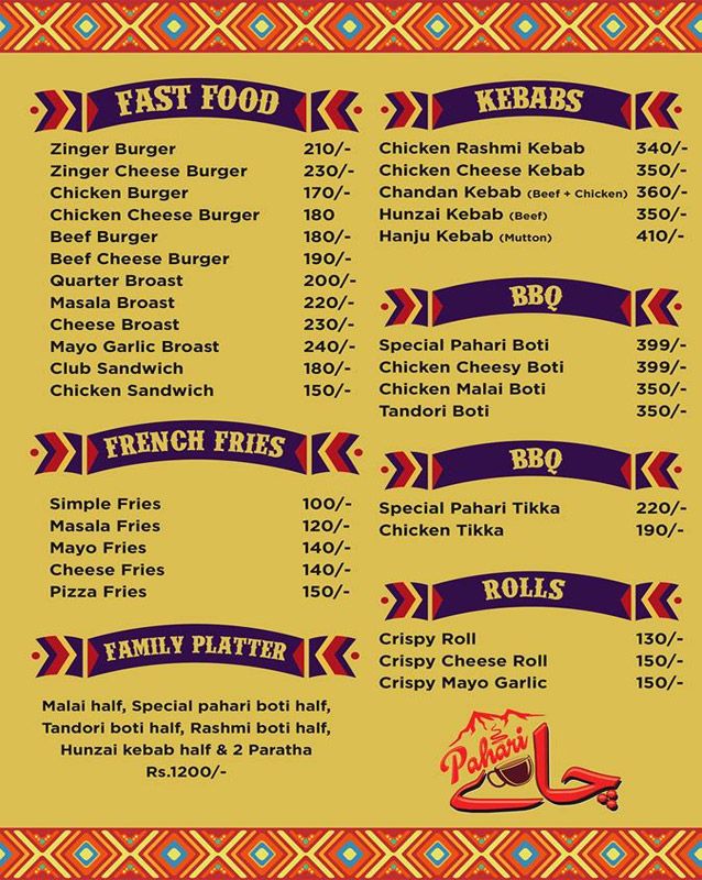 Pahari Chai menu