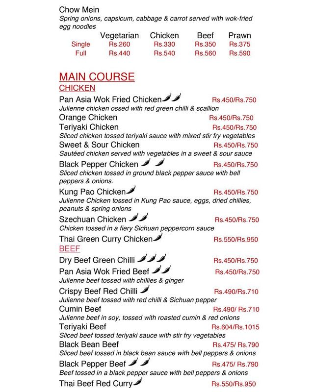 Pan Asia menu