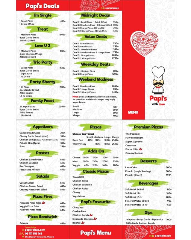 Papi's Pizza menu