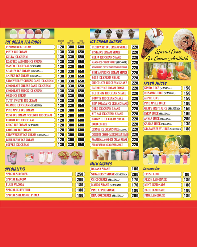 Peshawari Ice Cream Karachi menu