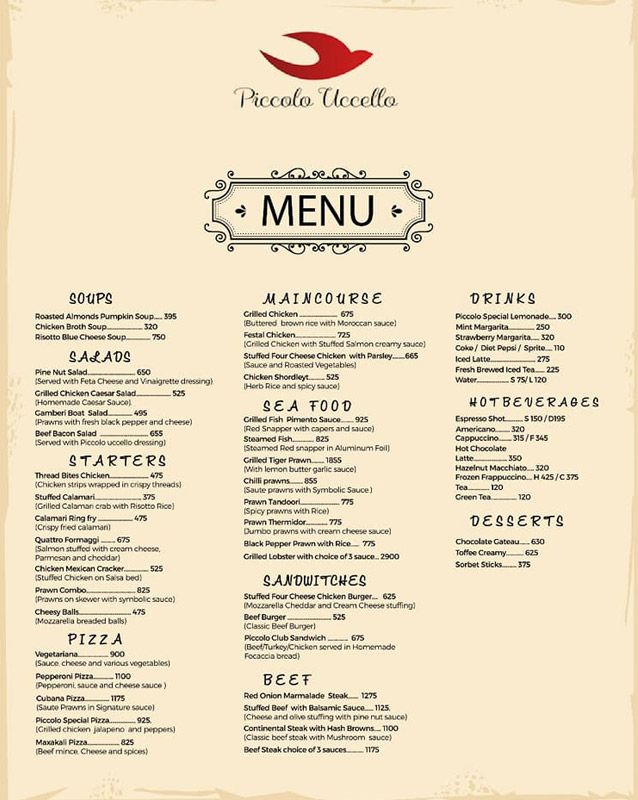 Piccolo Uccello menu