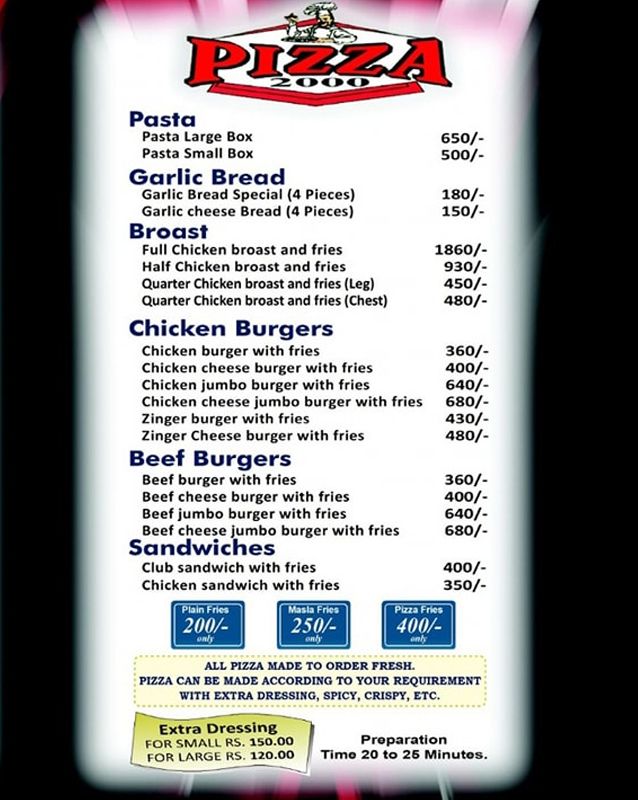 Pizza 2000 menu