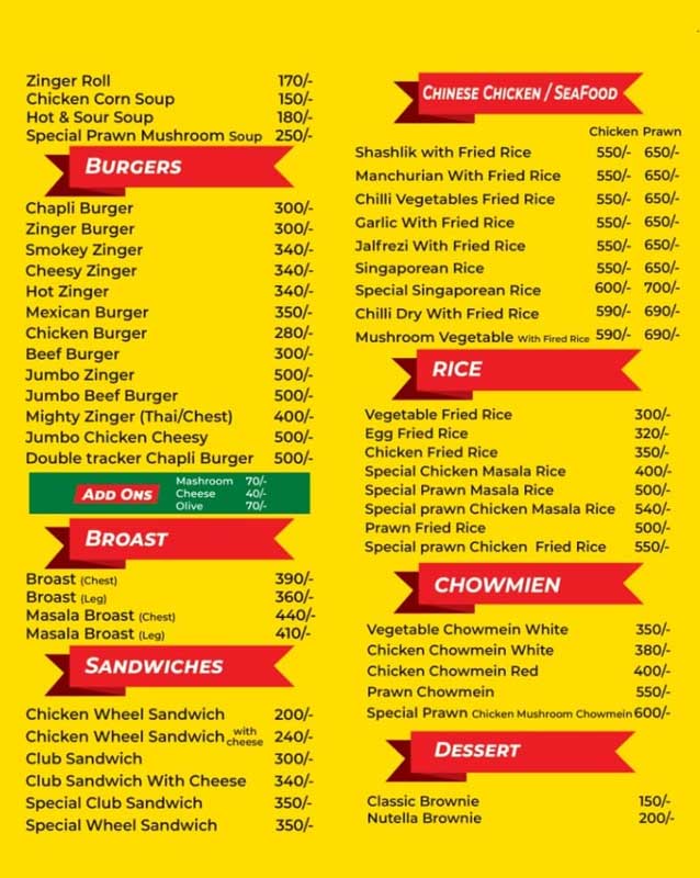 Pizza On Wheel menu