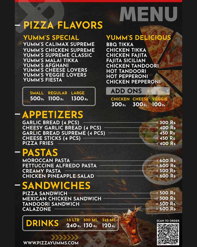 Pizza Yumm's menu