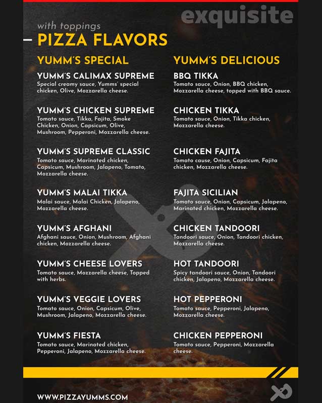 Pizza Yumm's menu