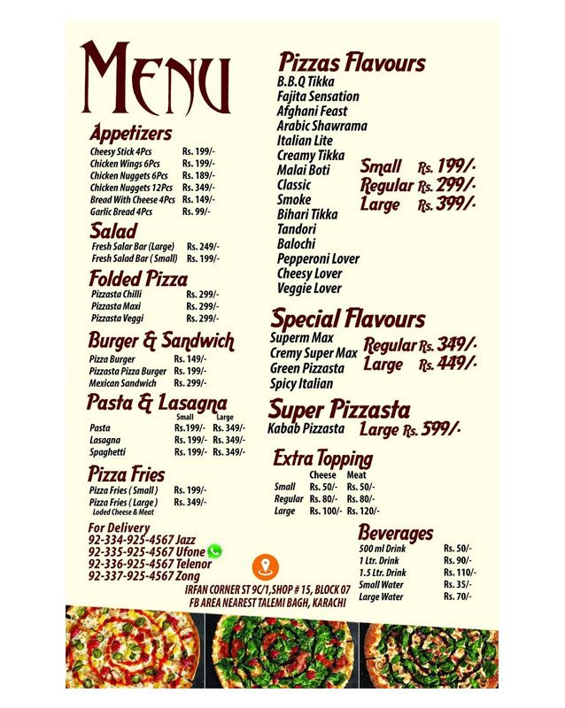 Pizzasta Pizza menu