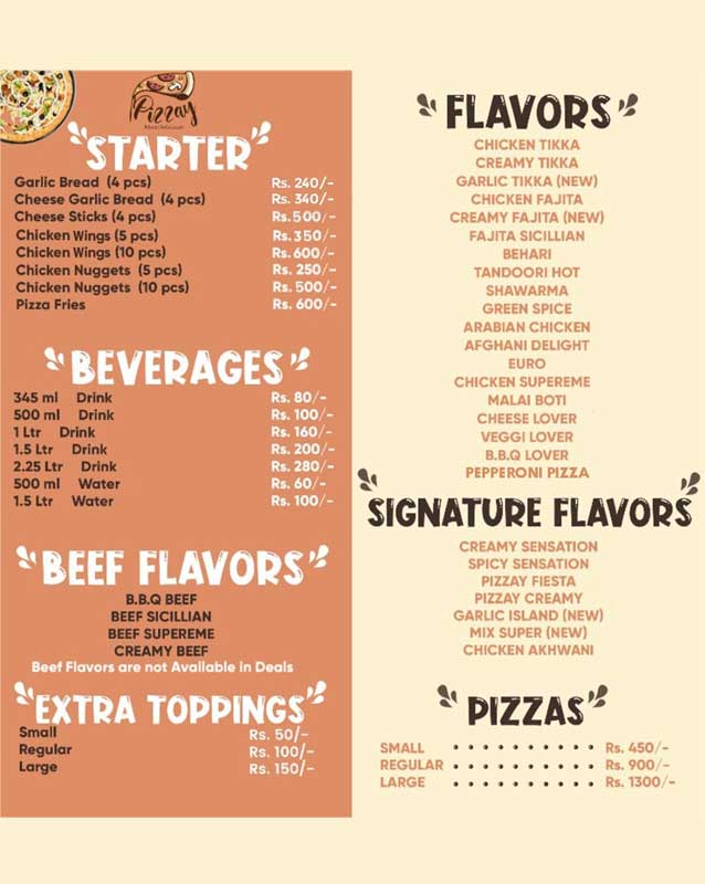 Pizzay menu